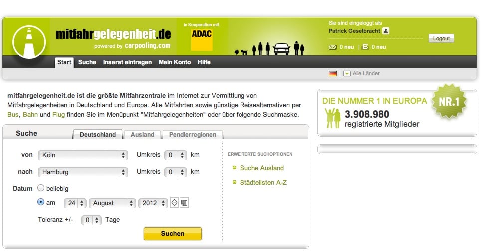 Fahrtdatenschablone auf Mitfahrgelgenheit.de